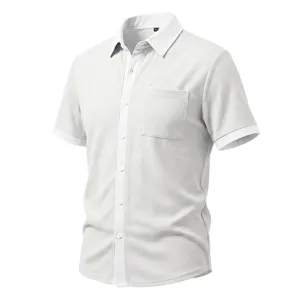 Closeup detail of white waffle knit short sleeve casual shirt with button front and chest pocket.