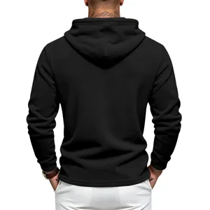 Heren zwarte fleece hoodie, casual lange mouwen trui achterkant detail weergave.