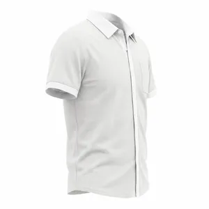 Close-up detail view of white waffle knit short sleeve shirt featuring lapel and front pocket.