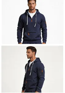 Dettaglio felpa con cappuccio in pile da uomo con mezza zip e tasche pratiche e comode.