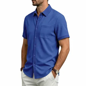 Heren zomer casual korte mouw wafel stof overhemd met een handige borstzak in blauw