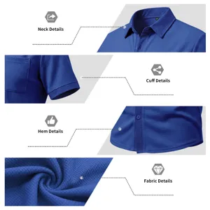 Gedetailleerd overzicht van het blauwe wafelstof shirt met korte mouwen, kraag, zak en manchetten.