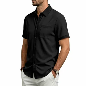 Heren Casual Wafel Korte Mouw Hemd Zomer Effen Revers Zak Top Stijlvol Comfortabel
