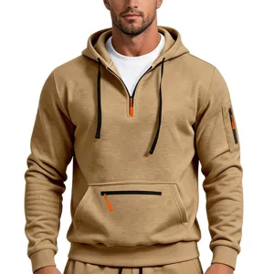 Felpa con Cappuccio da Uomo Foderata in Pile con Mezza Zip Pullover con Coulisse Multitasche Manica Lunga Casual Sportivo Top Caldo Outwear in Poliestere