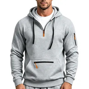 Felpa con Cappuccio Uomo in Pile con Mezza Zip Manica Lunga Casual con Tasche.