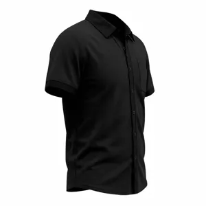 Detail van casual zwarte heren korte mouw wafelgebreide shirt, kraag en borstzak.