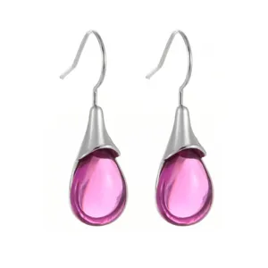 Pink teardrop gemstone earrings with silver hooks, minimalist fashion jewelry for daily wear.