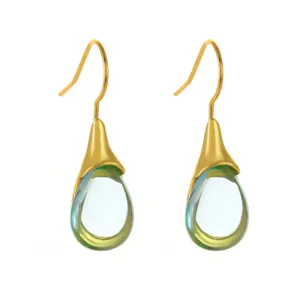 Elegant teardrop gold earrings with light blue green crystal stones for daily fashion wear