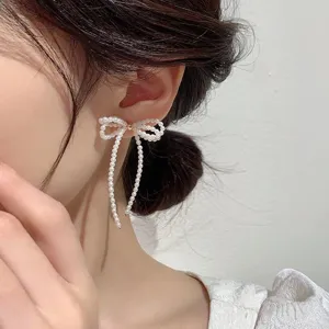 Perlen Schleife Quaste Ohrringe fuer Damen, elegante lange Haengeohrringe Schmuck.
