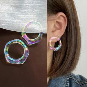 Iridescent irregular hoop earrings for women, trendy geometric resin fashion jewelry accessories.