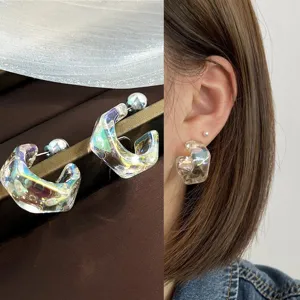Transparent iridescent chunky hoop earrings, stylish geometric ear jewelry for daily wear.