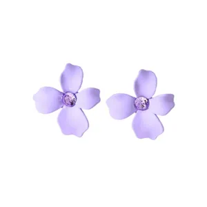 Purple four-petal flower earrings featuring sparkling rhinestone center, elegant fashion jewelry.