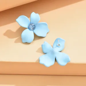 Light blue flower stud earrings with sparkling crystal center sweet floral minimalist jewelry