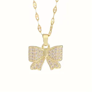 Χρυσό Κολιέ με Κρεμαστό Φιόγκο Ζιρκόν Κομψό Choker Κοσμήματα Μόδας για Νέες Γυναίκες
