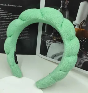 Green terry cloth sponge cloud headband, wide padded hair hoop for makeup and face washing.