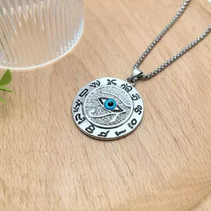 Stainless steel evil eye pendant necklace with vintage runes design for daily wear.