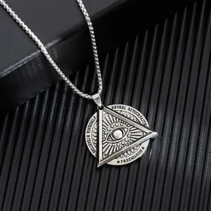Vintage silver tone eye triangle pendant necklace retro gothic sweater chain jewelry for men women