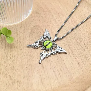 Punk Gothic green demon eye pendant necklace metal silver chain fashion jewelry detail
