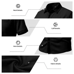 Gedetailleerde close-up van het zwarte wafelbreisel korte mouw shirt met kraag.