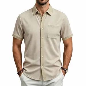 Detail view of men's casual short sleeve waffle shirt with contrast collar and chest pocket.