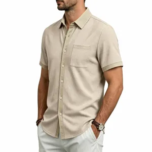 Heren casual wafel korte mouw overhemd detail met contrastkraag, zak en sneldrogende stof.