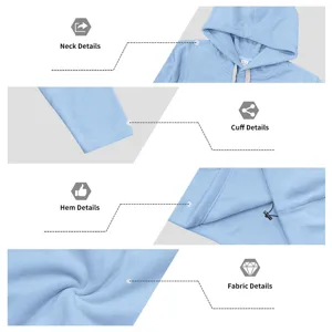 Gedetailleerd overzicht de lichtblauwe heren fleece hoodie met fijne textuur.