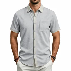 Gedetailleerd overzicht heren casual wafel korte mouw shirt, contrast zak top.