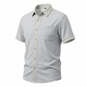Grijs wafelbreisel korte mouw shirt detail, contrasterende reverskraag, borstzak.
