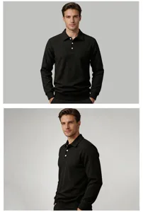 Gedetailleerd overzicht van het zwarte Wafelbreisel longsleeve polo shirt voor heren herfst.