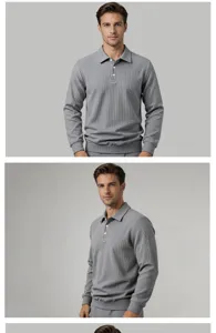Detail wafelsteek lange mouw polo overhemd heren, effen casual kraag top aanzicht.
