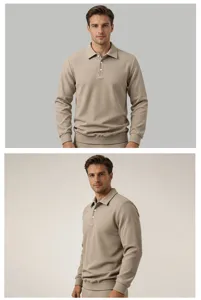Gedetailleerd overzicht heren wafelsteek lang mouw polo shirt, effen, casual kraag.