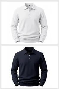 Gedetailleerd overzicht van heren wafel langdurige poloshirt met reverskraag knopen.
