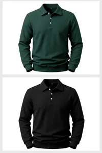 Heren lang mouw wafel polo shirt met revers, casual effen kleur top, detailweergave.