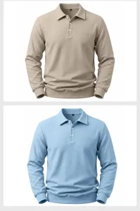 Detail van heren wafelbreisel lang mouw polo shirt met kraag en knoopsluiting textuur.
