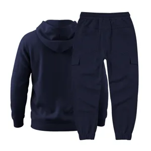Men winter fleece lined hoodie and sweatpants set navy blue warm casual cargo outfit details.