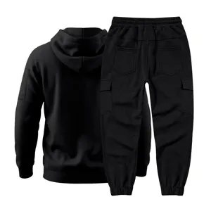 Men's thick fleece-lined hooded sweatshirt and cargo sweatpants set for autumn winter.