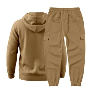 Men winter fleece lined thermal hooded sweatshirt and cargo pants set, casual outdoor outfit.