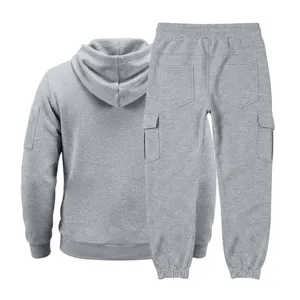 Back view of men grey fleece hoodie and cargo sweatpants set, showing pockets and cozy design.