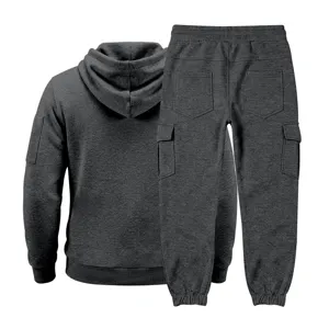 Detailed rear view of dark gray men's fleece hoodie and cargo sweatpants set, casual outfit.