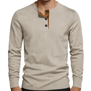 Men's Vintage Corduroy Henley Neck Long Sleeve T-Shirt Loose Fit Solid Color Ribbed Undershirt Casual Autumn Winter Top