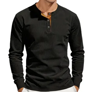 Men's Long Sleeve Henley Shirt Vintage Slim Fit Thermal Cotton Casual Tee Top Black