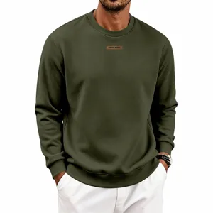 Men's fleece crewneck sweatshirt in army green, front view studio main image display.