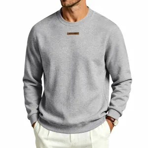Men casual grey fleece crewneck sweatshirt detail showing the chest leather patch design.