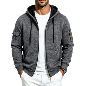 Men's thick fleece lined zip up hoodie casual multi pocket hooded jacket for winter