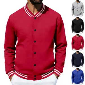 Men vintage striped collar baseball jacket detail view showing buttons and cuffs features.