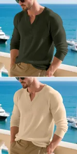 Mens long sleeve ribbed henley shirt casual autumn top comfortable fashion button design tee