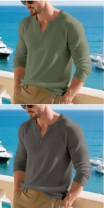 Men's long sleeve waffle knit Henley shirt casual slim fit comfortable pullover top for autumn.