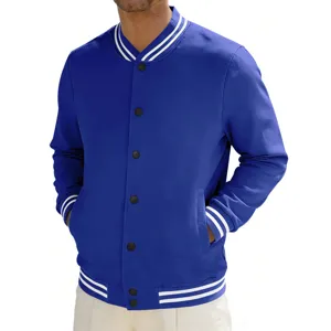 Men casual royal blue varsity jacket with white striped rib trim and snap buttons detail.