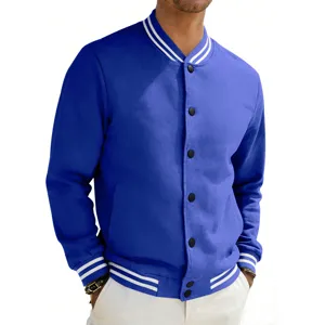 Men's vintage blue varsity baseball jacket with snap buttons and striped ribbed trim.