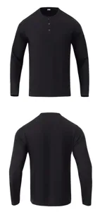Men's Black Long Sleeve Henley T-Shirt Casual Ribbed Pullover Tops with Button Placket